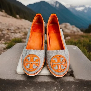 Tory Burch Shoes Flats Tan Canvas Women’s sz 5 Orange Patent Logo - Picture 1 of 6