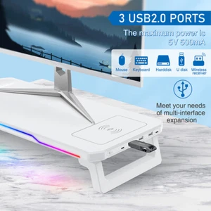 Desktop PC Monitor Stand Bracket Computer Screen Riser Holder USB HUB With RGB - Picture 1 of 24