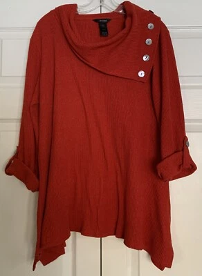 Suéter túnica acanalada Ali Miles rojo abotonada capucha cuello suéter elástico Plus 2X Foto 1 de 4