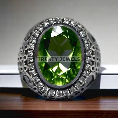 Piedras preciosas de corte ovalado de peridoto con anillo de plata de ley 925 para hombre #958 * Foto 1 de 4
