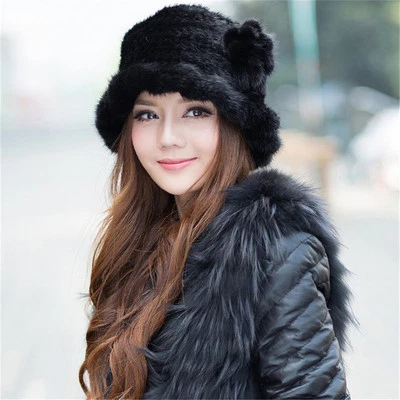 100% Genuine Knitted Mink Fur Hat Winter Women Cap Headgear Tuque Beanie Hats - Image 1 of 4