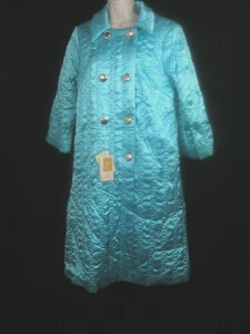 NWT VTG 60s RHAPSODY M Mid Century Teal Satin Gold button's Quilted Housecoat - Picture 1 of 6