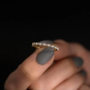 14K Solid Gold Round Moissanite Band Dainty Half Eternity Unique Handmade Ring - Picture 1 of 11