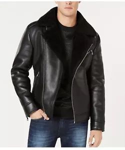 Guess Mens Asymmetrical Black Faux Leather Fur Motorcycle Jacket Bomber 118AU322 - Picture 1 of 18