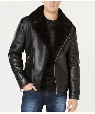 Guess Mens Asymmetrical Black Faux Leather Fur Motorcycle Jacket Bomber 118AU322 - Image 1 of 4