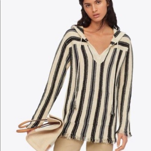 Felpa con cappuccio pullover GUC Tory Burch taglia Med Runway Baja misto lino tunica righe blu