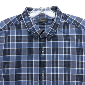 THEORY Zack Plaid Domingo Shirt Blue Gray Check 100% Cotton Slim Fit LARGE - Picture 1 of 8