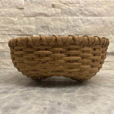 SIGNED Primitive Vintage FOLK ART Handmade Hardwood Basket By Catherine Hickey - Image 1 of 4