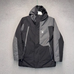 Spyder Jacket Boys Medium Black Gray Softshell Hooded Outdoor Snowboard Hiking - Picture 1 of 12