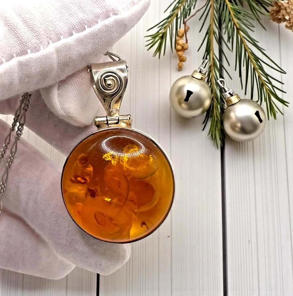 Collar Italiano Plata de Ley 925 Miel Báltica Colgante Redondo Cadena Figaro Foto 1 de 4