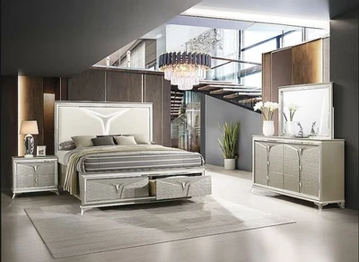 NEW LED Queen King 4PC Champagne Gold Bedroom Set Modern Glam Furniture B/D/M/N - Image 1 of 4