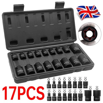 17PC Impacted E Torx Star Sockets E5 - E24 3/8" and 1/2" Drive Machinery DIY Set - Image 1 of 4