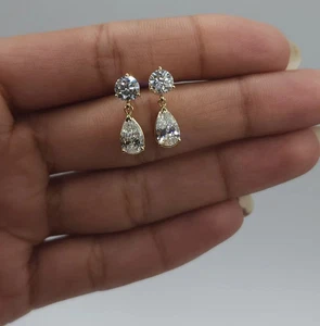 2Ct Round & Pear Lab Grown Diamond Women's Drop/Dangle Earrings 14k Yellow Gold - Picture 1 of 9