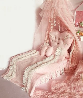 1:12 Scale Dollhouse Bed Set with Lace Bedding & Canopy Miniature Pillows - Image 1 of 4