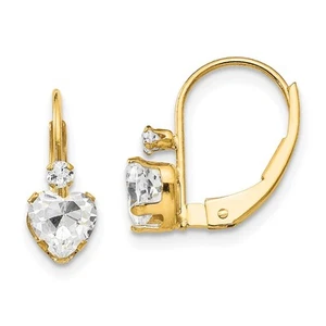 14k Yellow Gold Cubic Zirconia Heart Leverback Drop & Dangle Earrings 0.64gm - Picture 1 of 5