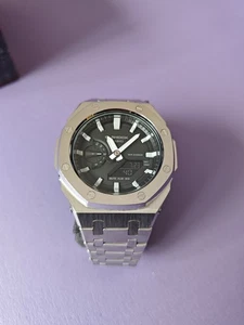 CASIO G SHOCK GA 2100 CUSTOM CASIOAK MOD STAINLESS STEEL SILVER "New And Papers" - Picture 1 of 6