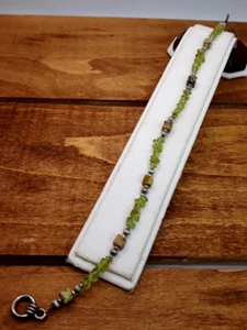 Vtg. Artisan Made Peridot Chip / Moss Agate Sterling Silver Bead Bracelet 8" - Picture 1 of 8