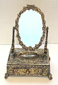 Vintage Antique Ornate Cast Iron Brass Vanity Dresser Tabletop Mirror w/ Drawer - Picture 1 of 21