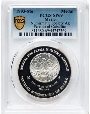 1993 Mexico Numismatic Society • Silver Caballito Peso •  PCGS SP69 Mintage: 150 - Image 1 of 2