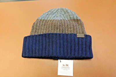 Nuevo gorro para mujer Coach Block a rayas tejido acanalado lana azul marino/marrón/gris Foto 1 de 4