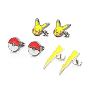Set 3 Orecchini Pokemon Pikachu Fulmine Pokeball Borchia Acciaio Inox - Foto 1 di 5