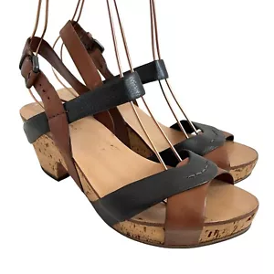 Roberto Del Carlo sandals 39.5 cork block heel brown black leather ankle strap - Picture 1 of 11