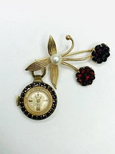 Vtg RuBi Incabloc 17 Jewels Ladies Fancy Watch Red Glass Floral GF Pin Brooch - Picture 1 of 15