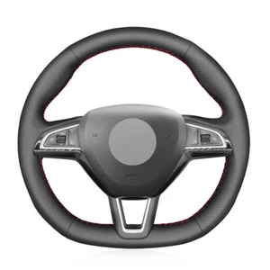 Black Leather Steering Wheel Cover For Skoda Octavia RS Citigo Fabia Scala Karoq - Picture 1 of 14
