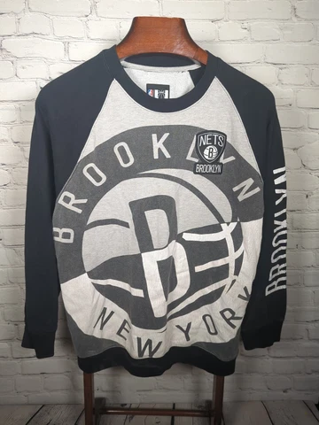 NBA BROOKLYN NETS Sweatshirt Black Gray XL Fleece Lined Large Graphics Cover