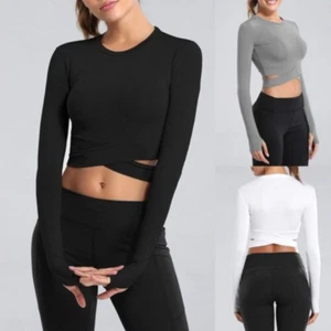 Women's Long Sleeve Yoga Sports T-Shirt Crop Tops Workout Running Fitness Gear - Picture 1 of 22