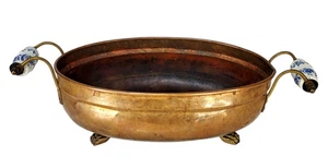 Antique Copper Brass Lion Claw Feet Delft Porcelain Handles Oval Planter Bowl - Picture 1 of 17