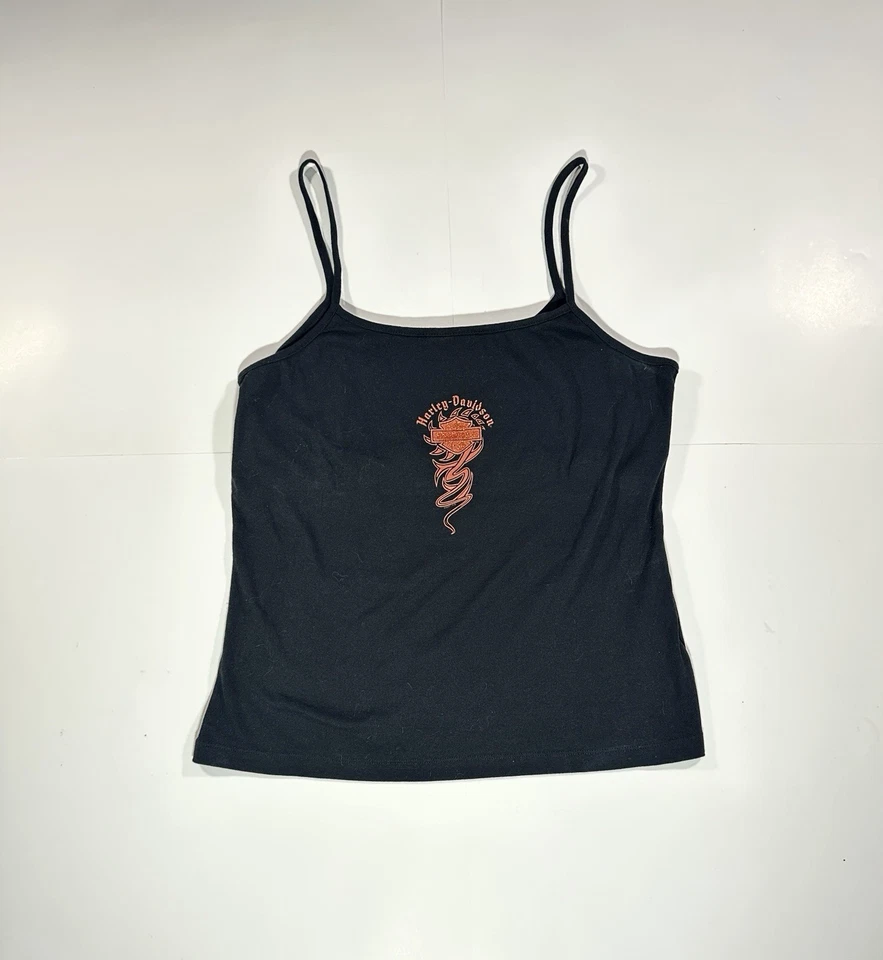 Harley-Davidson винтажный Y2K пламени Eagle укороченный Майка размер 1 X черный оранжевый 2007 - Изображение 1 из 4