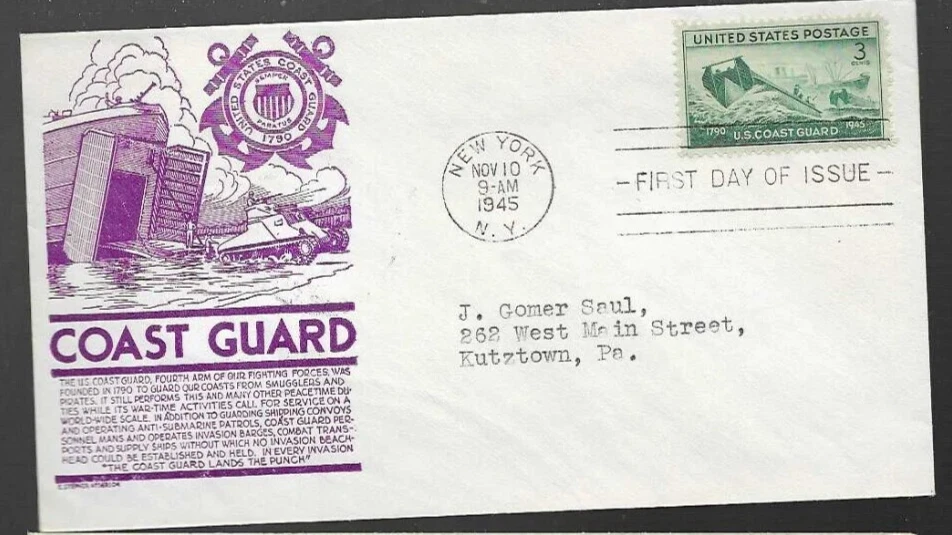 WW2 USCG  COAST GUARD 1945 PURPLE ANDERSON CACHET FDC SMALL CANCEL - Image 1 of 1