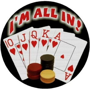 Texas Holdem' Poker "¡Estoy todo dentro!" Juego de 4 posavasos de barra de poliéster superior de goma inferior - Imagen 1 de 2