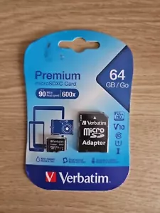 Verbatim microSDXC 64GB Class 10 UHS-I incl Adapter NEW - Picture 1 of 2