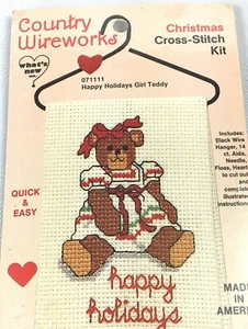 Vintage Christmas Cross Stitch Kit Happy Holidays Girl Teddy Country Wireworks - Picture 1 of 4