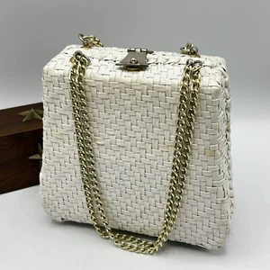 Vtg Magid Woven White Box Purse Hong Kong Vinyl Chain Handles Snap Closure Gold - Picture 1 of 17