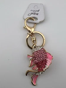 Gold Tone Pink & White Rhinestone & Enamel Goldfish Keychain/Bag Charm. - Picture 1 of 11