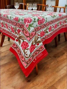 Indian Hand Block Print Tablecloth Kitchen Linen 100%Cotton Floral Hippie Decor - Picture 1 of 6