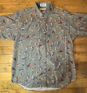 Camicia Columbia vintage uomo grande pesca a mosca esca stampa all over bottoni - Foto 1 di 8