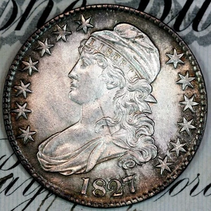 1827 O-141 SQUARE BASE 2 SOLID+ GEM BU MS CAPPED BUST HALF-DOLLAR DC195 HOARD - Picture 1 of 3