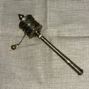 Vintage Tibet Nepal Buddhist Prayer Wheel with Turquoise / Red Coral Inlay - Picture 1 of 9