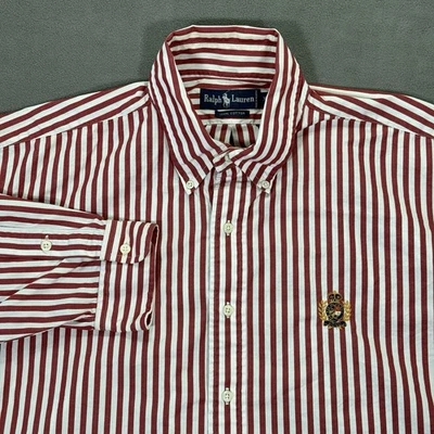 Camisa polo masculina listrada vermelha vintage Ralph Lauren XL manga comprida com botão - Imagem 1 de 4
