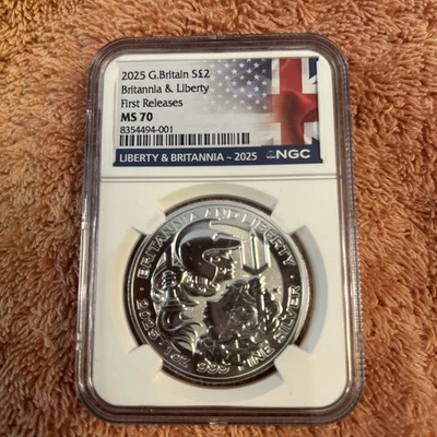 2025 G. Britain S£2 Britannia & Liberty Silver Coin 1st Release NGC MS 70 - Image 1 of 2