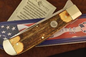 MADE IN USA QUEEN CUTLERY CO JUMBO STAG REMINGTON STYLE TRAPPER KNIFE NICE 15056
