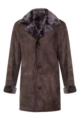 Men's Brown Sheepskin Car Coat New Real Shearling Classic Suede Leather Pea Coat - Image 1 of 4