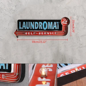 Vintage LED Light Metal Hanging Sign LAUNDROMAT Laundry Shop Art Wall Decoration - Picture 1 of 12