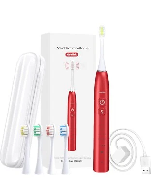 Sonic Electric Toothbrush 5 Cleaning Modes 4 Heads Travel Case Rechargeable Red - Image 1 of 4