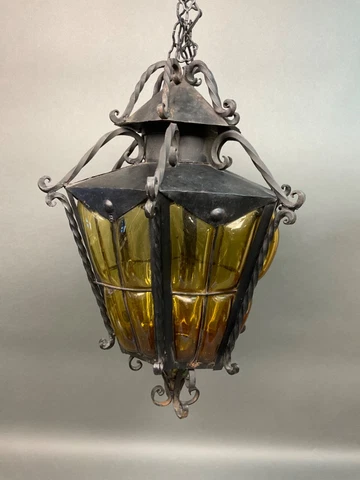 Vintage Chandelier lamp pendant Handmade Glass Blown Caged Wrought Iron Spanish Cover