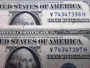 USA $1 1935 E Sequential Pair V74347397H # SILVER Certificate BLUE Seal Money - Picture 1 of 3